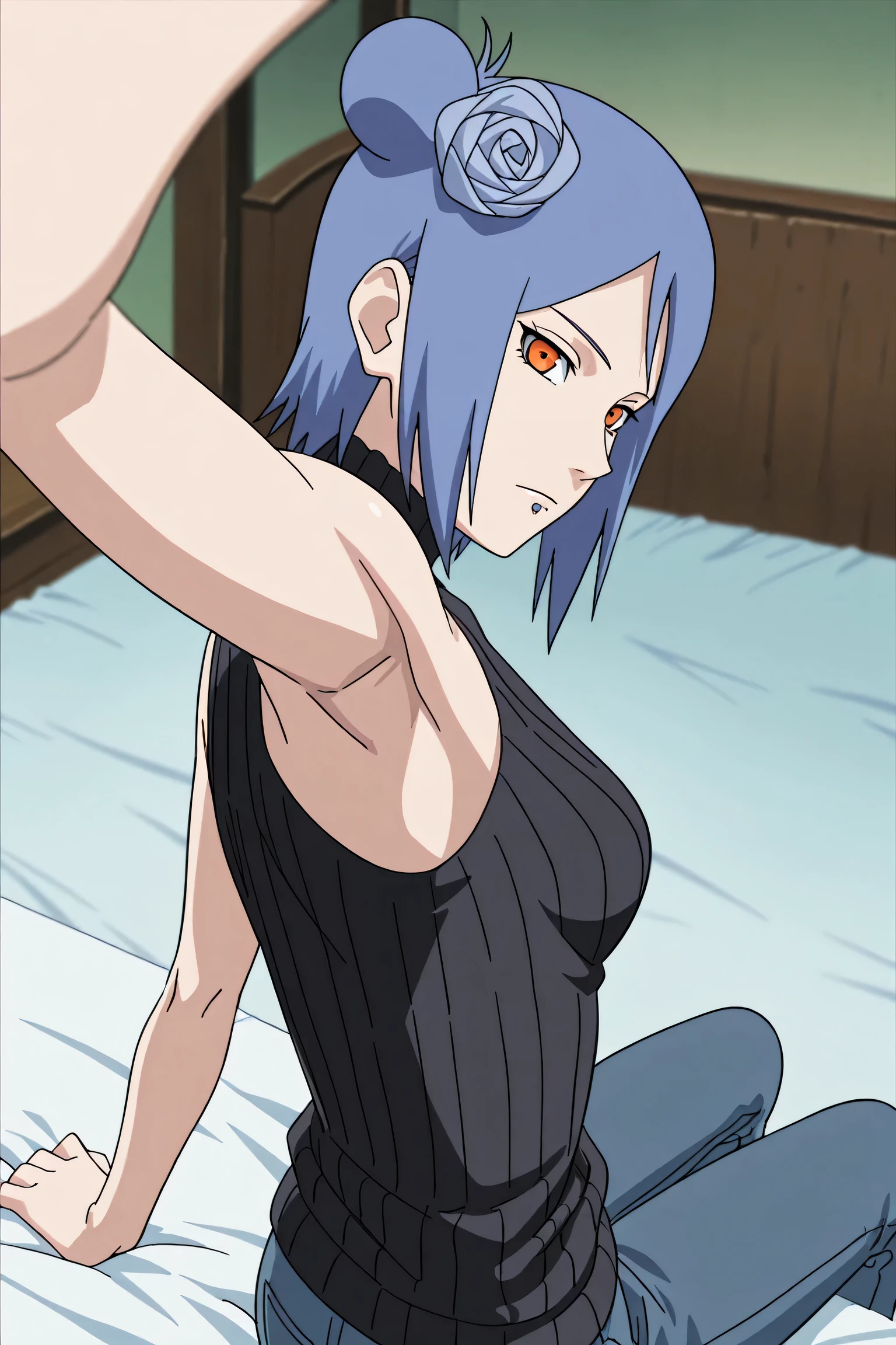 masterpiece, best quality, amazing quality, anime screencap, anime coloring, 1girl, solo, konan, skinny, blue hair, single hair bun, orange eyes, hair flower, lip piercing, medium breasts, black sweater, sleeveless sweater, ribbed sweater, turtleneck, sleeveless, bare shoulders, bare arms, arm up, raised arm, armpit, armpit focus, head towards viewer, looking at viewer, direct eye contact, expressionless, closed mouth, indoors, from side, from behind, sitting on bed, jeans,