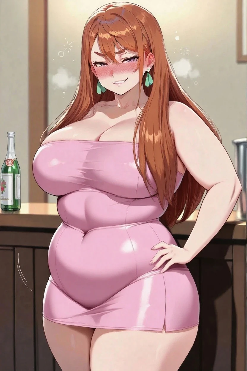 fat, large belly, chubby, overweight, Erza scarlett, sitting down, table with lots of food,