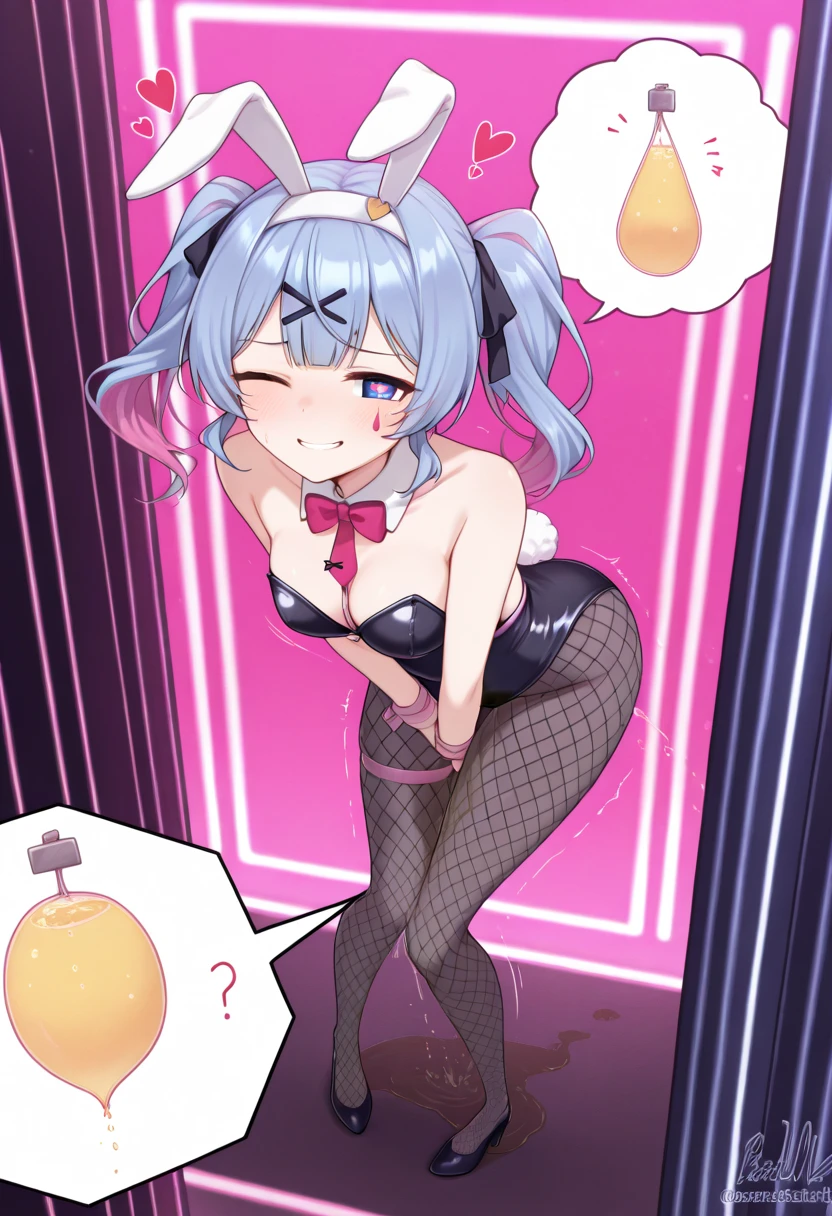 (((Little girl,))) (((child,))) loli bodies,((nikkeadmi)),nsfw,((solo girl)),((Perfect body,))((Super beautiful,))((High quality,)), (sweaty,wet all over,)Steam,blush,Shiny,love hotel room,(pov, Looking at Viewer,),small breast,half open eyes,collar,((Playboy Bunny girl costume,fishnets pantyhose, white pantyhose,bunny rabbit ear hairband,))(Show off your crotch by opening your crotch in a crouching posture,)squatting and straddling,(from below,)