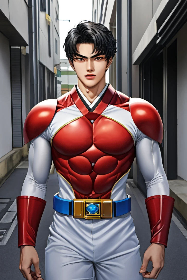 Screenshot of my hero academia tall boy black hair red eyes short wavy hair cold expression muscular