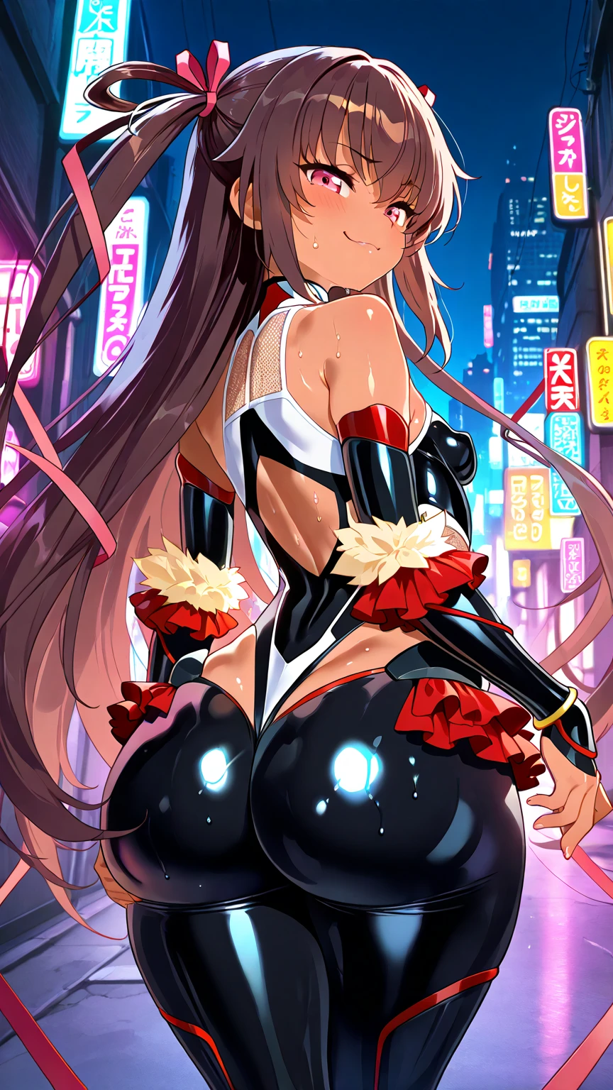 cute bunny girl,(((1girl))),((bunny girl with extremely cute and beautiful black hair)),(((bunny girl,anthro furry cute,bunny-girl))),(((bunny ears,bunny ears on head,big bunny ears))),
(large breasts:1.4),saggy breasts,((((black hair,red hair, two-tone hair),colored inner hair,ear breathing,long hair))),((heterochromia:1.5,eye1 red eye2 blue,perfect eyes,upturned eyes:1.3,beautiful detailed eyes,finely detailed beautiful eyes:1,big highlight on eyes:1.2,slanted eyes)),((fat)),(((lustrous skin:1.5,bright skin: 1.5,skin tanned,shiny skin,very shiny skin,shiny body,plastic glitter skin,exaggerated shiny skin,illuminated skin,wet legs))),(spider lower abdomen,narrow waist,wide hip,athletic body,inflated legs,delicate detailed fingers,detailed body,human hands,(detailed face)),
cute,slutty,seductive,erotic,(((nsfw))),
(((slingshot swimsuit))),(((huge cleavage))),((wet clothes,detailed outfit,detailed clothes)),
(dynamic pose:1.0),solo focus,embarrassed,(centered,scale to fit dimensions,Rule of thirds),
cyberpunk city by the ocean at night, with bright neon signs and dark stormy clouds and puddles,
High resolution, sharp focus, (ultra detailed, extremely detailed), (photorealistic artwork:1.37), 8k wallpaper,((synthwave background theme)),((vibrant colors)),(intricate),masterpiece,(best quality),