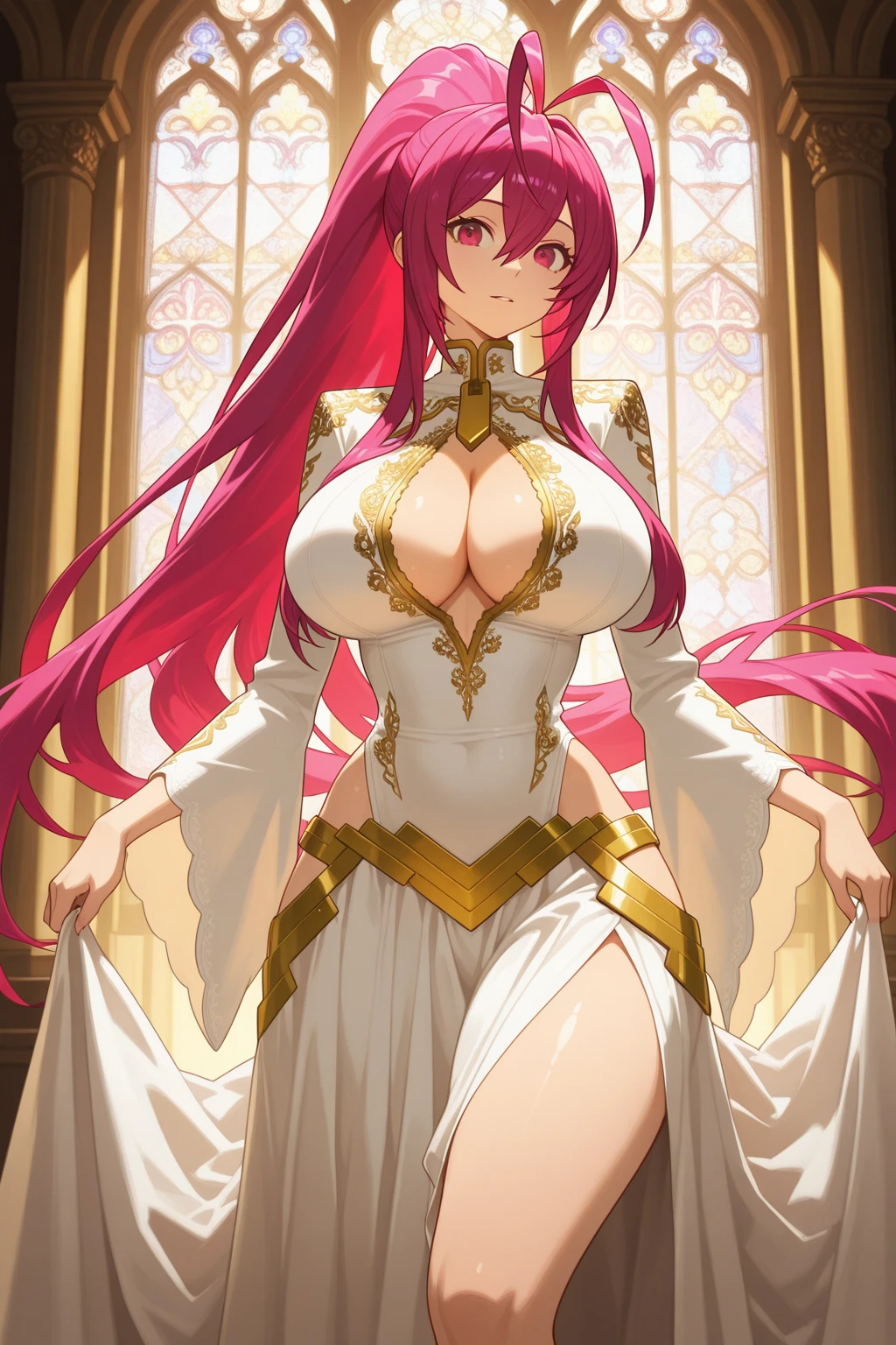 My name is Hikaru, I am a white test woman with long red hair and black eyes. I am 1.60cm tall and weigh 46kg. My breast sizes are 300 cm, my waist is 60 cm and my hips are 200 cm. Dressed in a low-cut gold and white princess dress with a fluffy skirt. With big breasts 300 cm