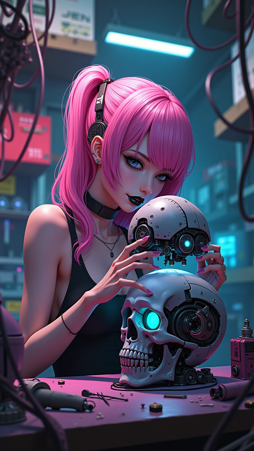 <lora:darkhacker:1> darkhacker,  anime maid hacker girl, using computer,  connected to wires, giant demon  skeleton in the background, red hair,