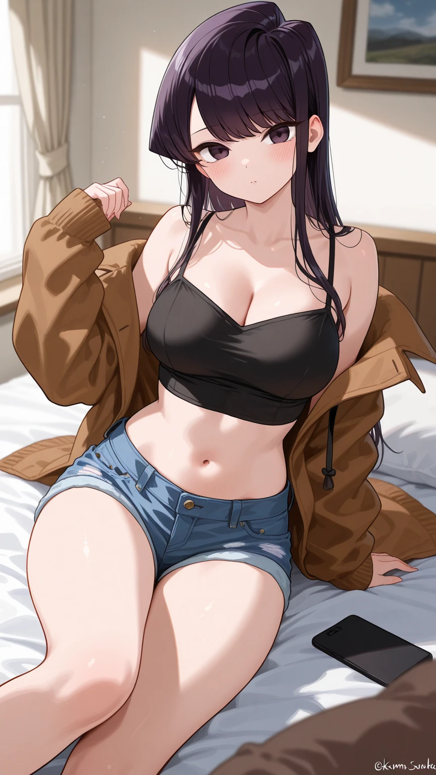 score_9, score_8_up, score_7_up, source_anime, rating_explicit, beautyful mature japanese woman, slim body, slender body, big long fringe black hair, black lipstick, pink bra, pink panties, black jacket, lying, touge out look, milf, black jeans lowered