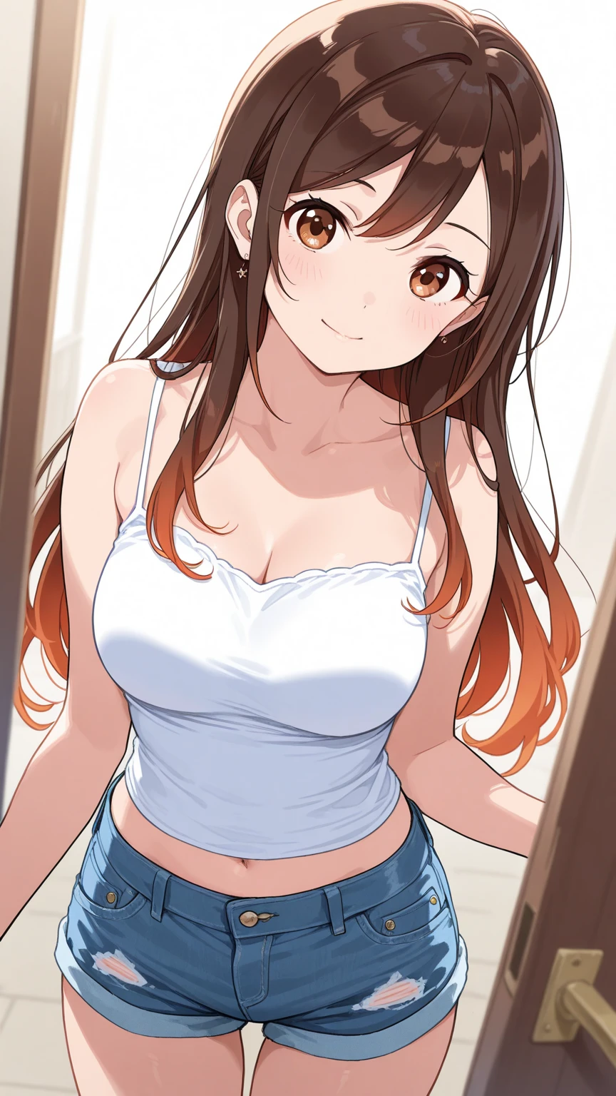 ((masterpiece、highest quality、Super detailed))、One girl、Brown Hair、Long Hair、Wavy Hair、Brown eyes、smile、Moderate breasts、((pink bra))、((pink panties))、Cowboy Shot、(Simple Background:0.3), (Round eyes:0.7)