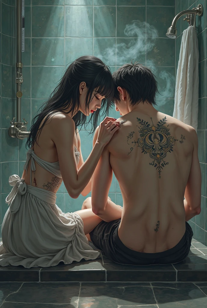 there is a woman holding a ball next to a man, realistic scene, high detail shot, as a character from gtav, beautiful realistic upper body, albino white pale skin, also very detailed, tattooed skin, heavy detail, [ 4 k photorealism ], albino skin, a tattoo, realistic textured skin, detailed skin, high detail skin, hi-res scan