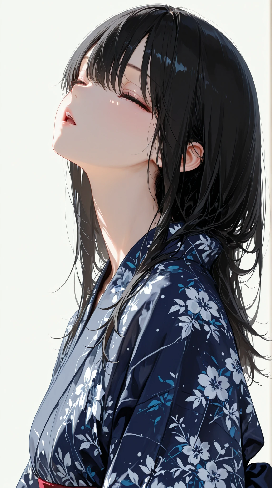  1 girl 、 black hair、long hair、I'm singing with my eyes closed、The attire is a Japanese yukata、Japanese Kimono、front