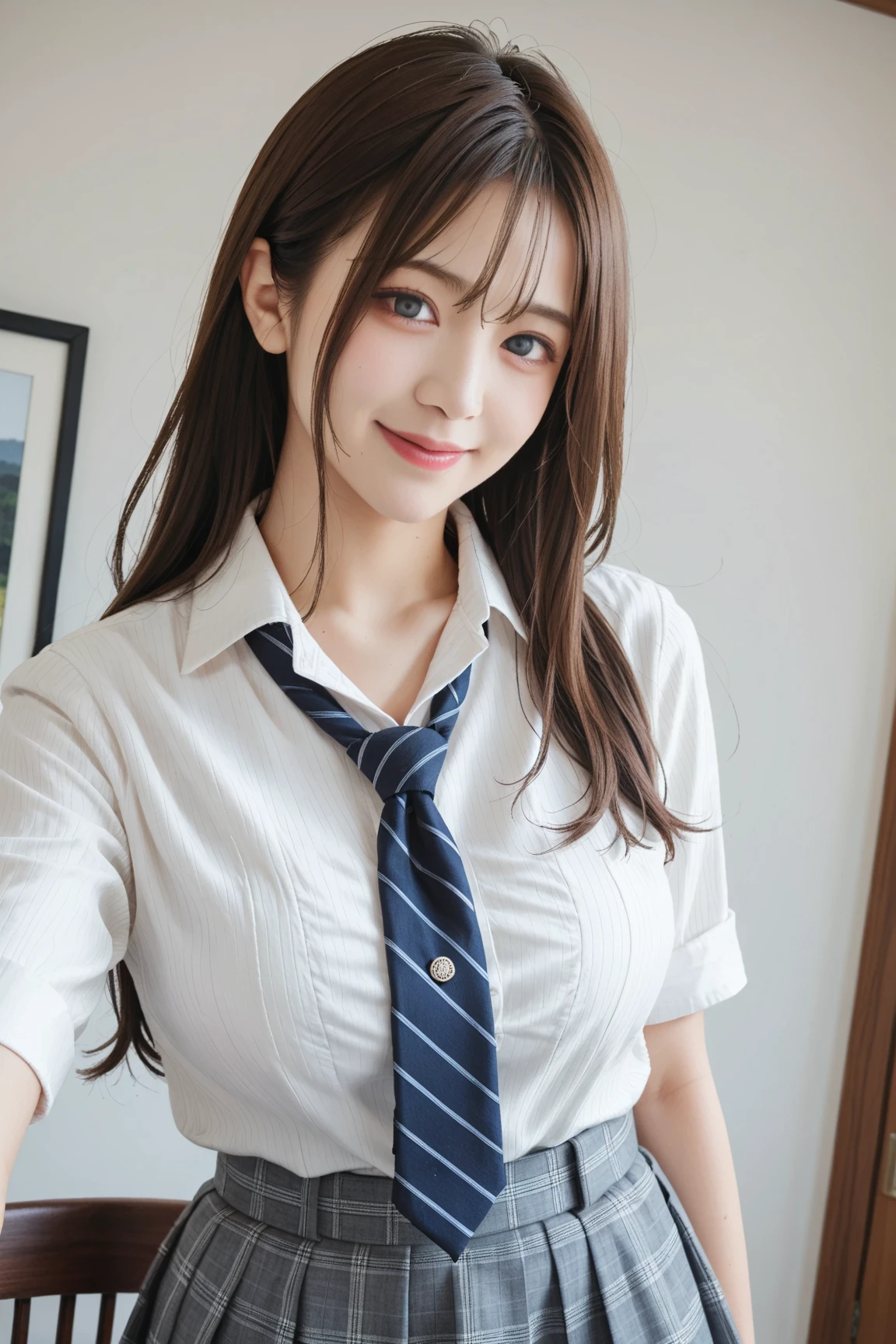 女の子1人、a matural female、cute school uniform、age19、a picture、逼真、top-quality、adopt、A detailed face、A smile:1.5、Brown hair、s Office、Building from the window、细致背景、diffuse sunlight、depth of fields、Bokeh、Face when you are with someone you like、Large, disturbing breasts:1.5、Perfect body