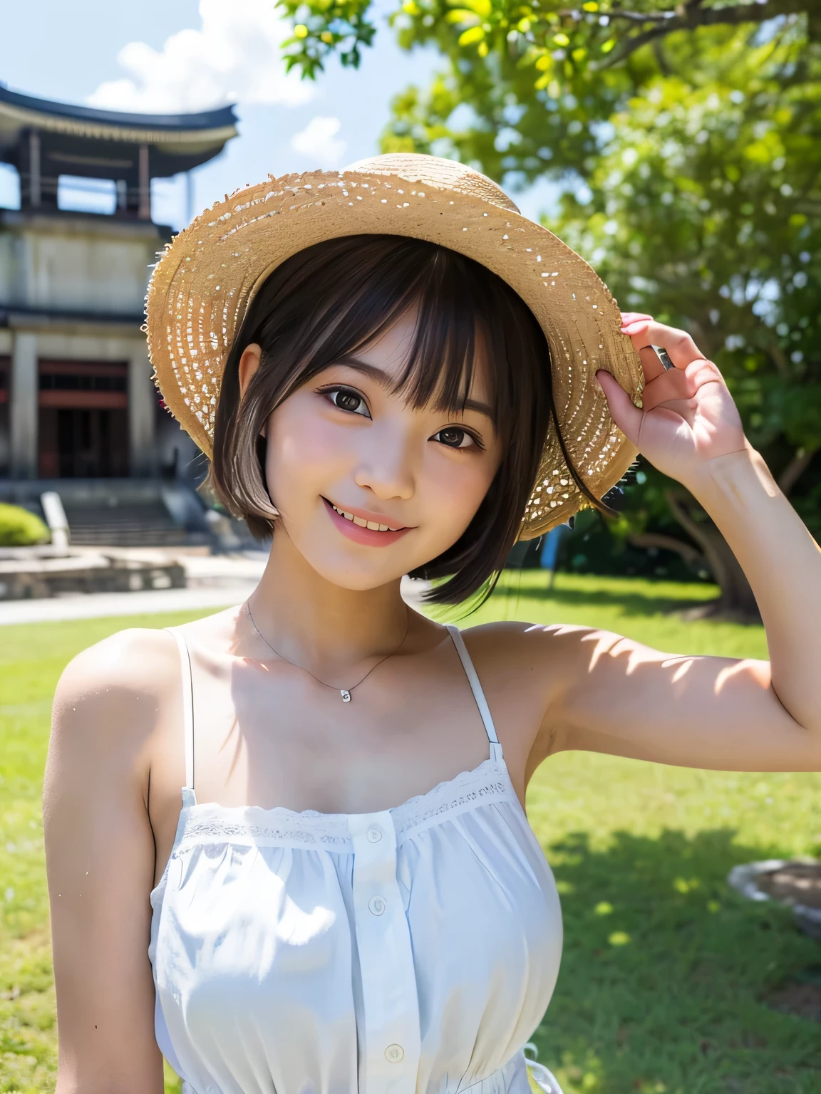 closeup shot , Best picture quality (8K, high resolution, Masterpiece: 1.2), super detailed, 215 Short Hair, 16-year-old woman,
situation: A stroll through the bamboo forest in Arashiyama, Kyoto。
clothing: Natural color maxi dress and straw hat、Sandals for your feet。
angle: A shot of a person walking through a bamboo forest, followed from behind。To emphasize the height of the bamboo forest、The angle looking up from a slightly lower angle is also nice.。The whole picture of people walking down the street、Close-up of a hand touching bamboo。
, random cute pose ,big eyes ,Puffy eyes , Heart Pupil, blush , huge shy smile , salute