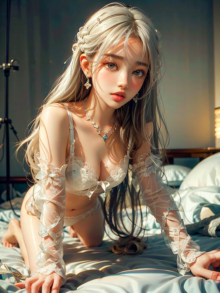 ((best qualtiy)),((SuperiorQuality, 8K, tmasterpiece: 1.5)), Pubic area is clear: 1.2, Perfect body beauty: 1.4, Large of breast, Silvery hair, Big red underwear，wetted skin, the areola is visible, ssmile，Sleeping on the Bed，legs are open，Open your legs，legs separated，knee bend，Film texture，