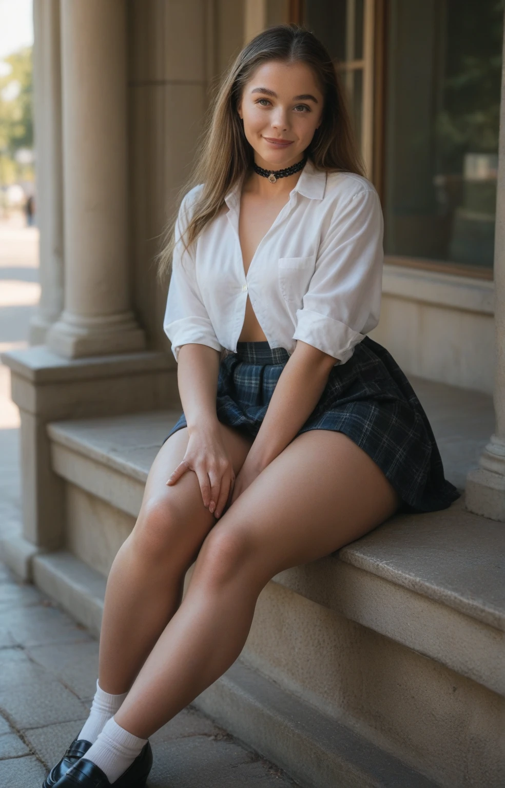 20 years old brunette girl, blue eyes, skinny, schooluniform,motion blur,perfect body,beautiful face, beautiful eyes