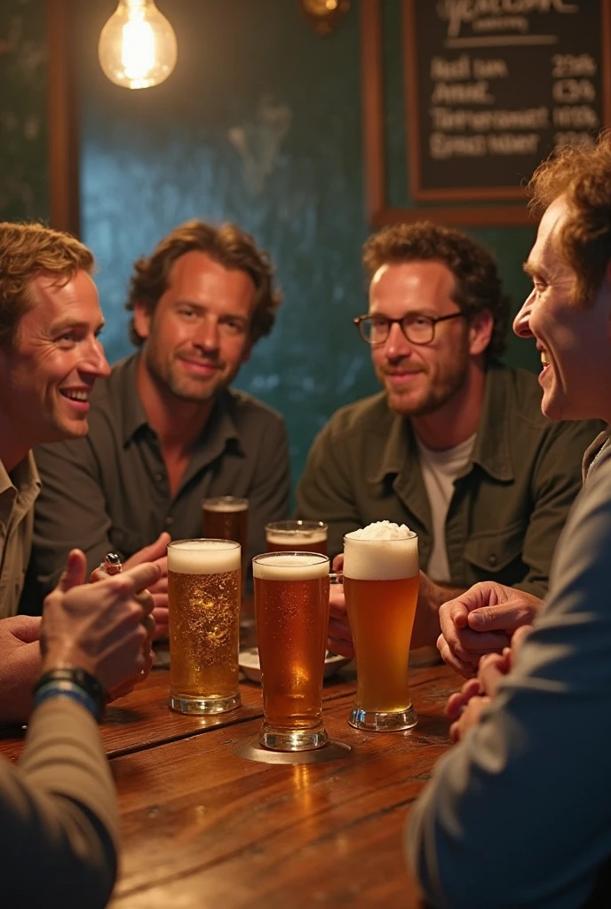 A photo of Three young redneck men drinking beer in a bar, dim lighting, sitting at a bar, counter,