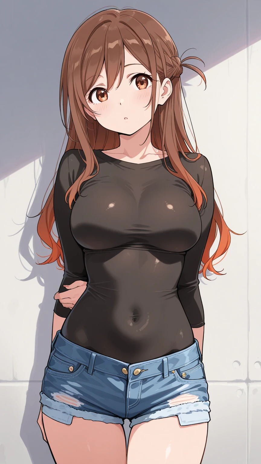 (masterpiece, highres, high resolution:1.2), anime 20 yo girl, portrait, shoulders up, illustration. drawn, red hair woman, green eyes, blushing, solo, sad, sad face, freckles, big lips, huge breasts, perfect body, wearing a turtleneck sweater, anime girl, visible , visible nipples, shirt lift