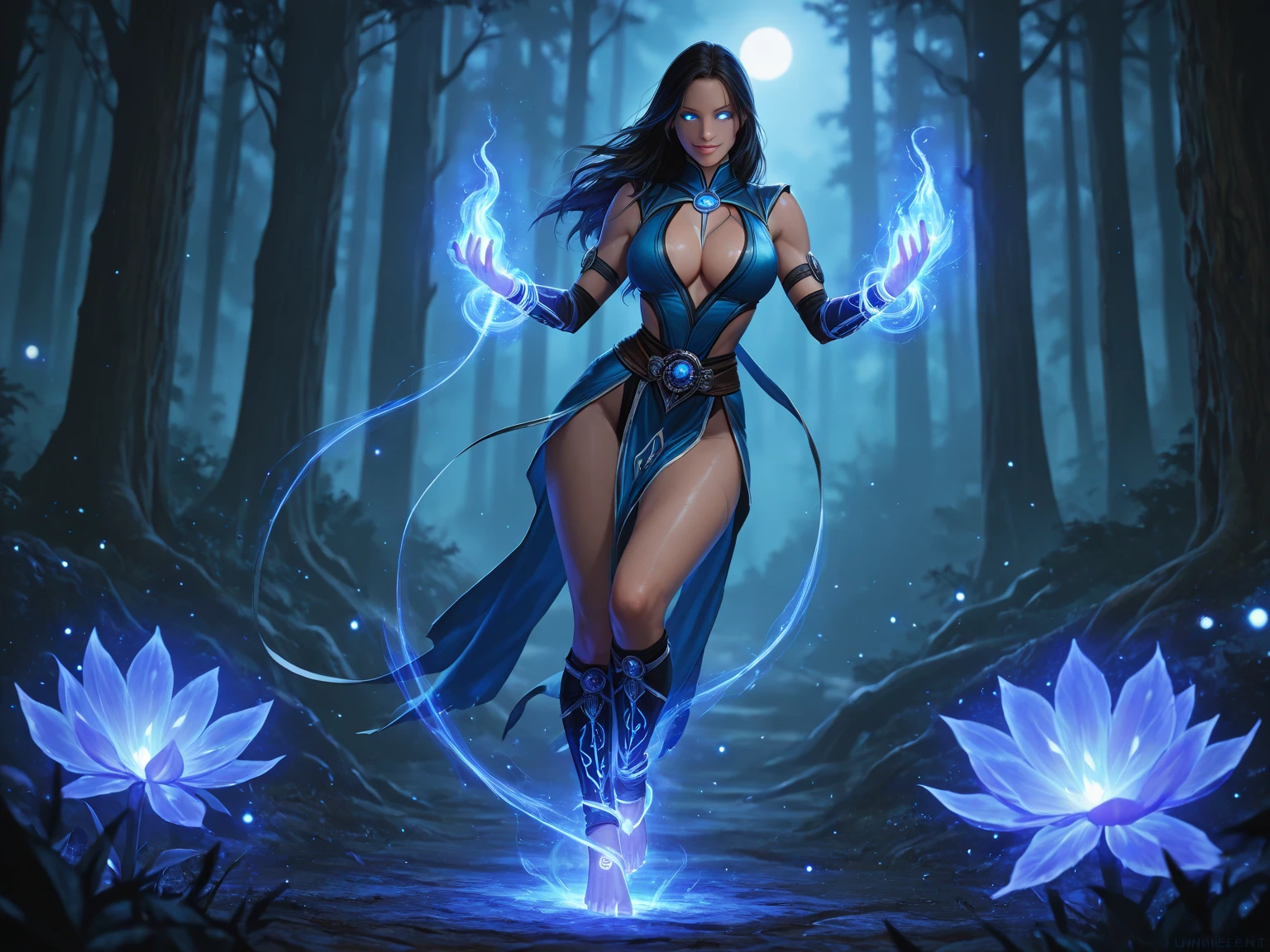 Solo, 1girl, (ThePit Bimbo:0.8), black hair styled in twintails, blue spider-web pattern kimono, (ninja:0.8), cleavage focus, dark makeup, 8k, high definition, huge resolution, (huge lips:1.2), moody lighting, glowing skin, nipple definition, blue eyes, eyelashes, high cheekbones, bubble butt, narrow waist, wide hips, huge breasts, breast enhancements, sexual expression, waterfall background, hyper tits, (Naruto style:1.0), (full body perspective:1.0), (platform heels:1.0), forehead diadem
