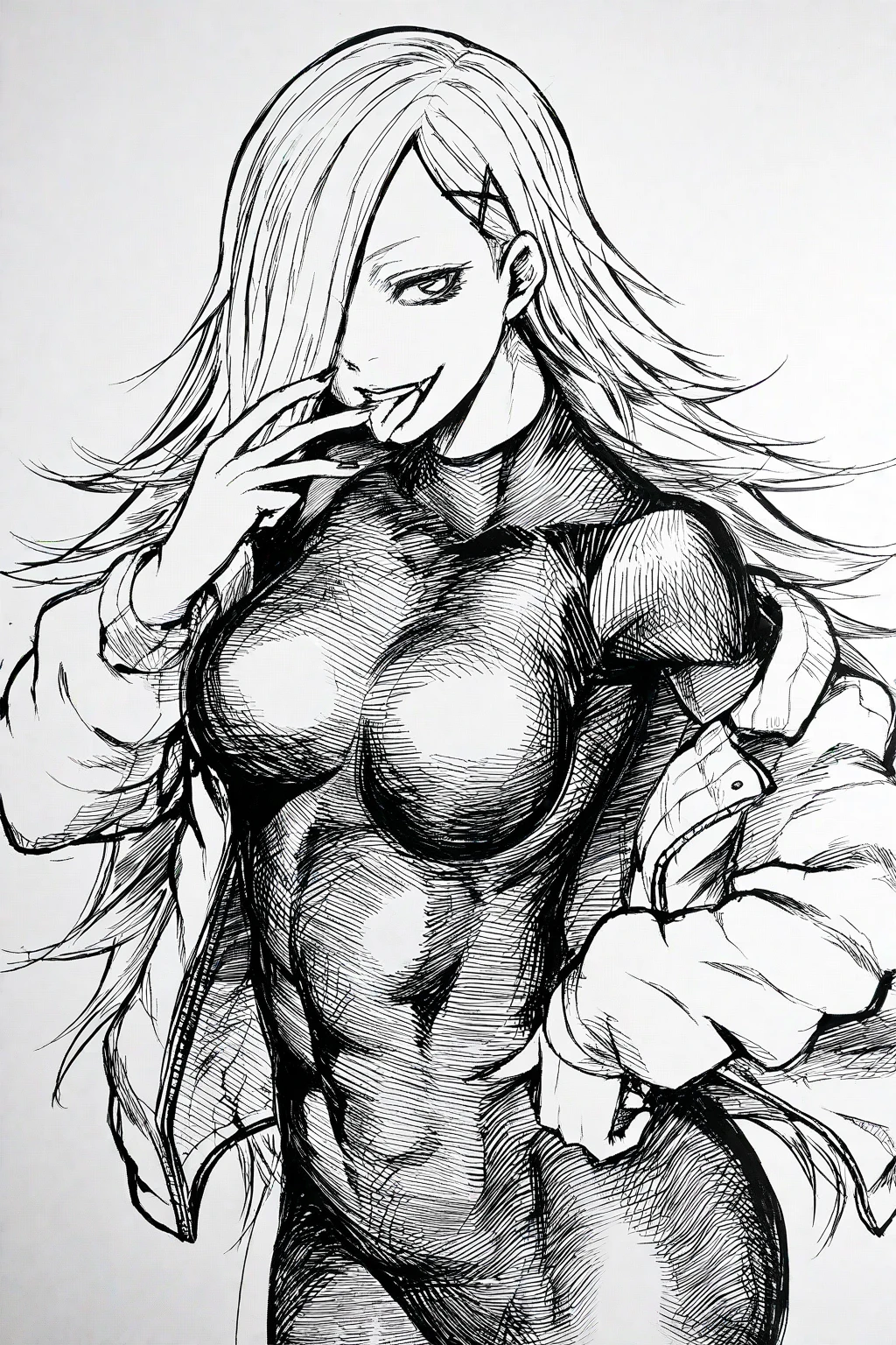 ((solo)), ((arakistyle)) ((nude)), woman, large breasts, nsfw, dramatic, undressing, looking at viewer, jojo:0.9, illustration, lineart, bold coloring, masterpiece, manga art, best quality, scan, color tones, illustration, anime, simple coloring, plane black background, 
 <lora:arakistyle-000006:1>
