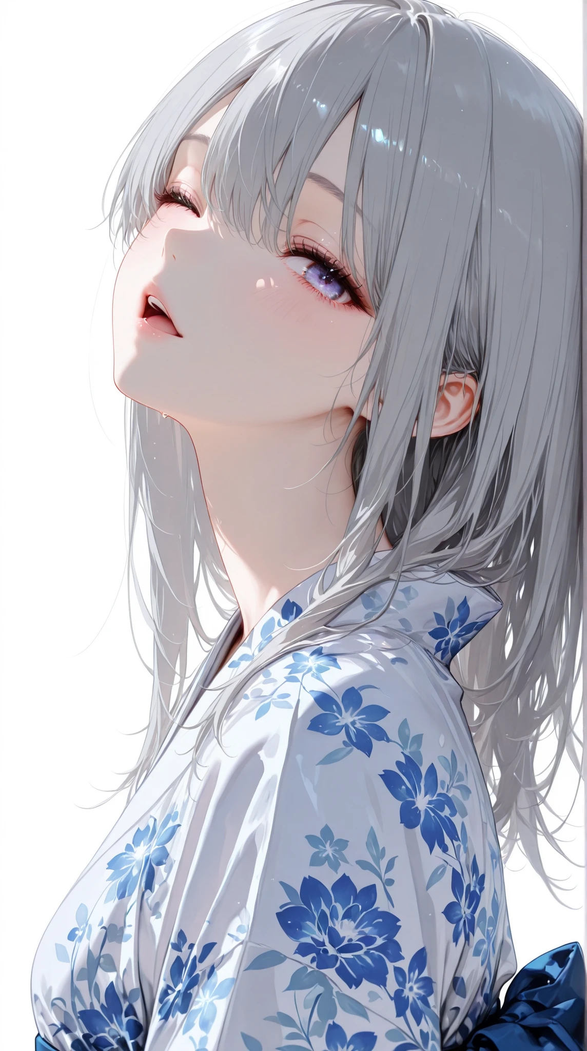 1 girl 、 Hair is grey、long hair、I'm singing with my eyes closed、The attire is a Japanese yukata、Japanese Kimono、the face faces the front、It's Looking Back、