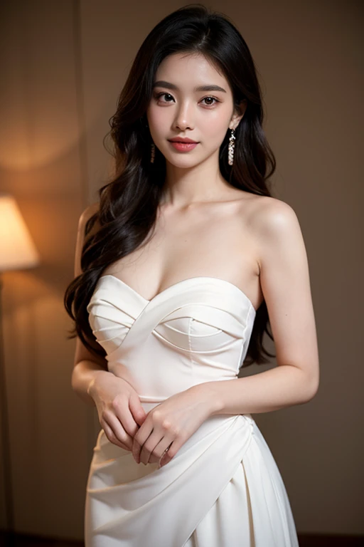 Beautiful 19 year old  woman。She is wearing a summer wedding dress. She is shying and smiling on illuminated by the evening church lights . romantic sunset. her dark brown hair. High resolution、masterpiece、highest quality、頭w:1.0、((Hasselblad Photos))、fine skin、(movie lighting)、clavicle . upper body picture.