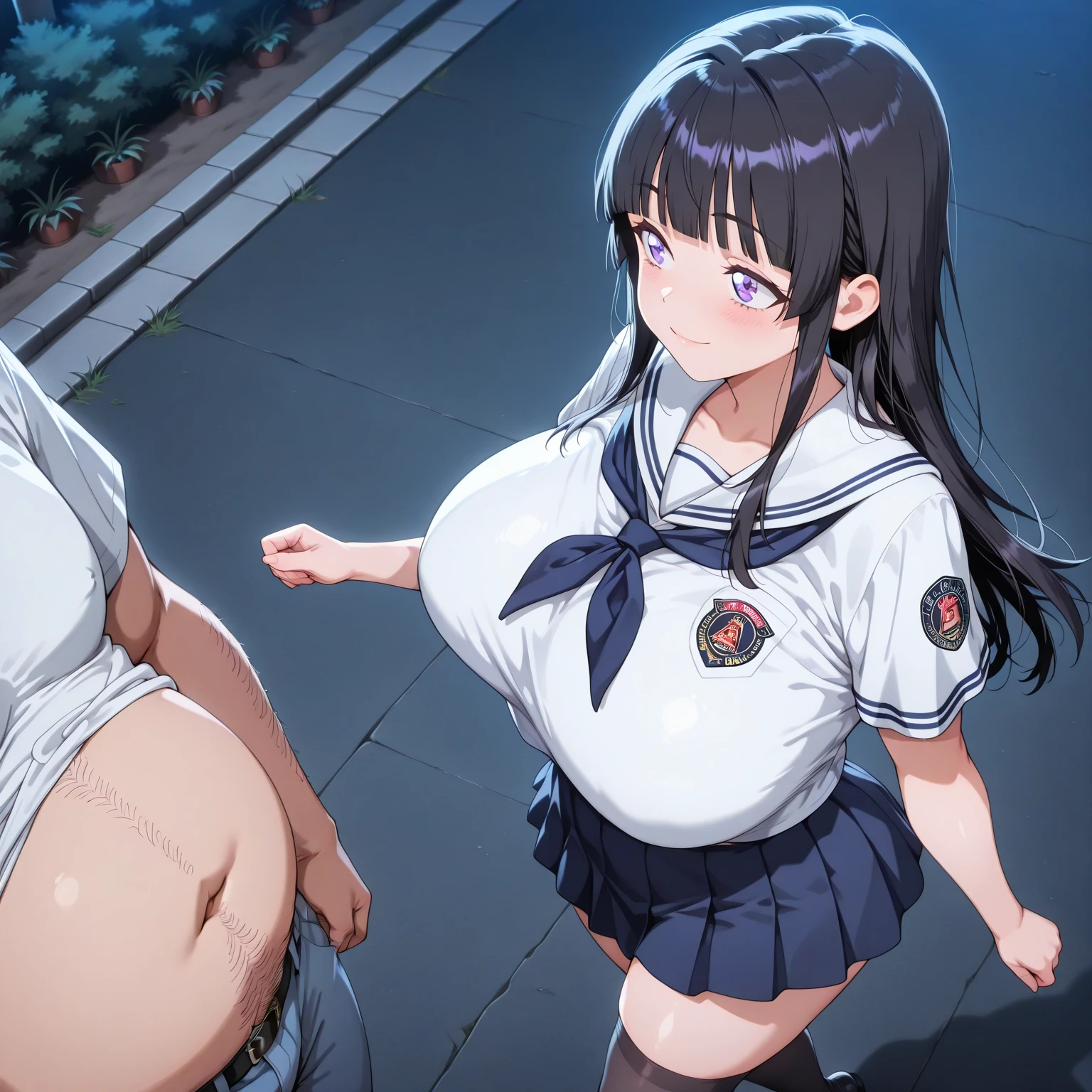 (1girl:1.5, wariza:1.6, White sailor suit, shirt lift, Short sleeves, red neckerchief, Highleg Panties, blue eyess, Purple hair, Bangs, Side Ponytail, Hair Ornament, gigantic breasts:2, Breasts of the same size), Anime cel drawing style, Best Quality, High resolution, embarrassed, fear, blush, looking at viewer, cowboy shot:1.6, (perfect hands:1.5), ((breast squeeze:1.8, 1boy:1.8, nsfw:1.1, 1old man:1.8, Ugly bastard:1.8)), ((perpendicular paizuri:2))