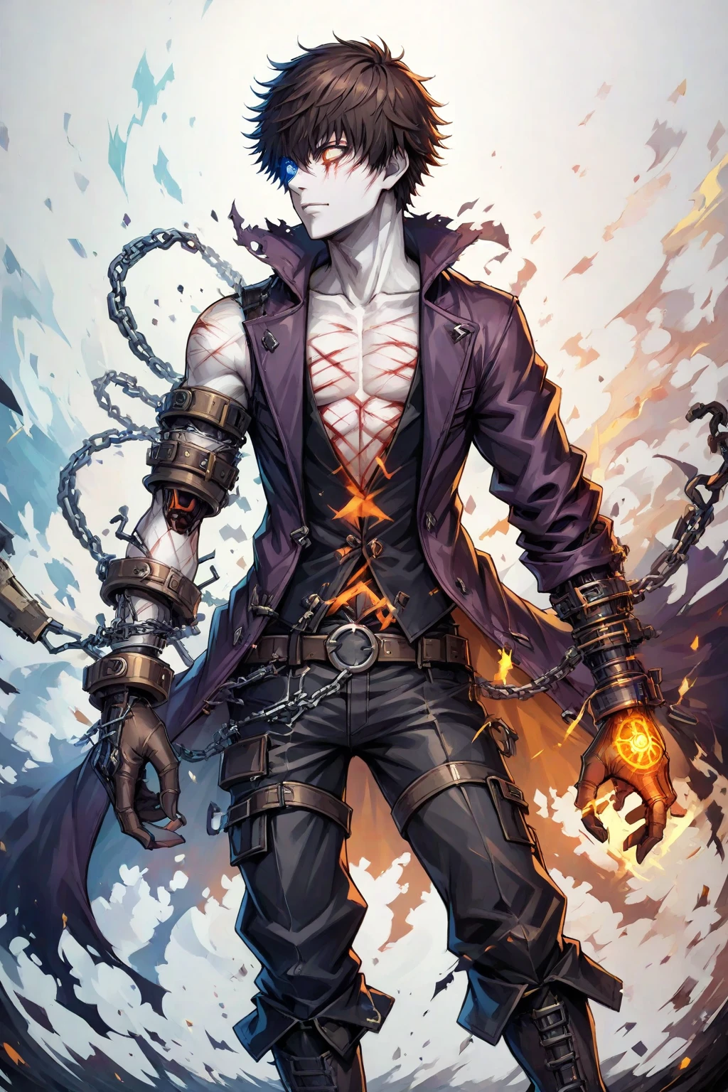 Absurd, high resolution, super detailed, official art, unified 8k wallpaper, super detailed, beautiful and aesthetic, Obra-prima, best quality, short white hair, dark skin, horns on the head, handsome boy, skull face,  muscles, abs, tattoos, flame, glowing red eyes