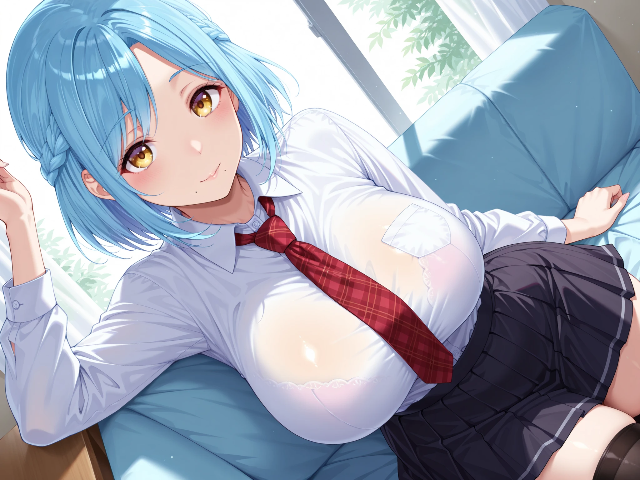masterpiece, best quality, very aesthetic, absurdres, 1girl, mature_lady, ,,rem_(re:zero), re:zero_kara_hajimeru_isekai_seikatsu, 1girl, blue_eyes, short_hair, blue_hair, hair_over_one_eye, asymmetrical_bangs, x_hair_ornament, black_hair, blunt_bangs, breasts, hairband,,green plaid skirt, sainan high school uniform, school uniform, white shirt, yellow sweater vest,on sofa,,glowing stardust frontground,fantasy,sparkling,fireflies,covered_nipples