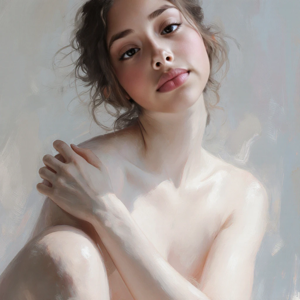 nude girl, minimalistic illustration, smooth skin, graceful pose, elegant curves, delicate features, soft lighting, pastel colors, highres, psychological depth, emotional expression, subtle details, fine artistry, minimalist background, intimate atmosphere, ethereal beauty, artistic form, timeless masterpiece, fluid lines, creative composition