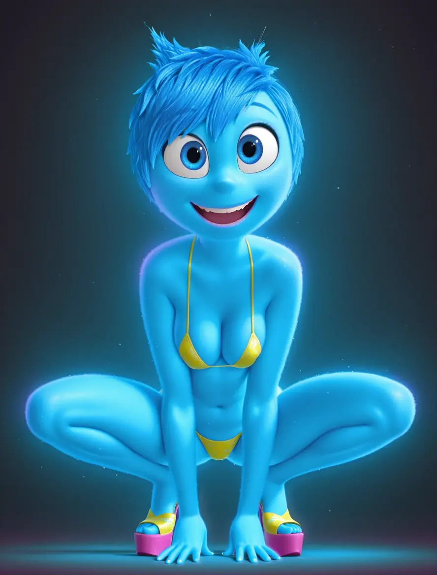 Solo, 1 girl, masterpiece, best quality, (Sadness_InsideOut , black-framed eyewear,  glasses, sadness ),   colored glowing spheres, pixar, cartoon, 3d render, sfw, nude body, ass, medium breasts, spread ass, anus, blue skin, midget, short blue hair, looking on viewer 
