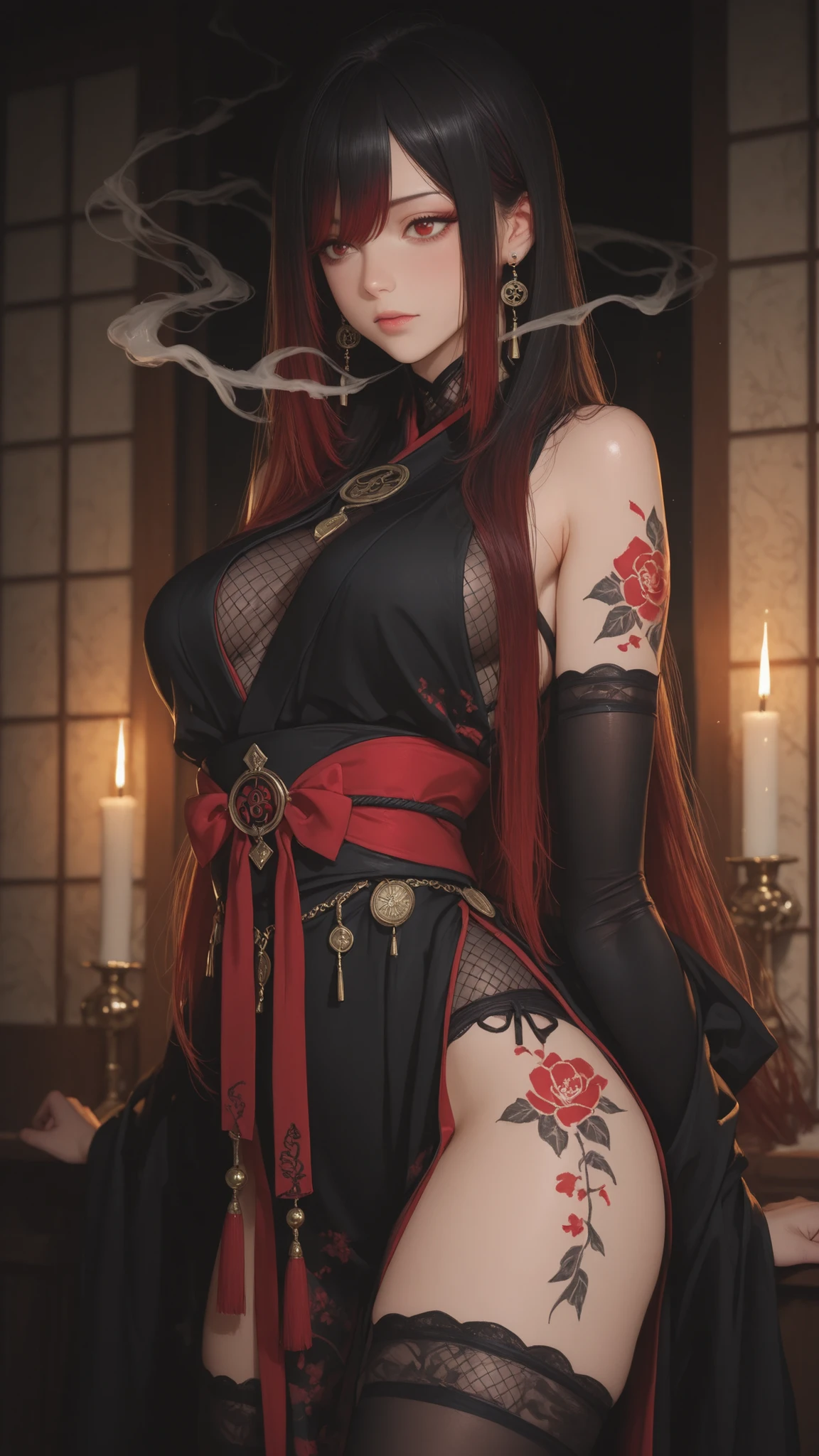 (masterpiece after sex, best quality, super detailed, high-resolution, Movie lights), A dancing kunoichi, Wearing a black and crimson ninja uniform, Combining traditional Japanese elegance with the power of a silent assassin. Her movements are graceful, Captured spinning, Fabrics and ribbons dance. Her long hair is dyed black, with subtle burgundy highlights, Decorated with bells and ornaments. Tattoos on her arms resemble flowing smoke. The setting is a candlelit temple hall, Full of tension and beauty.