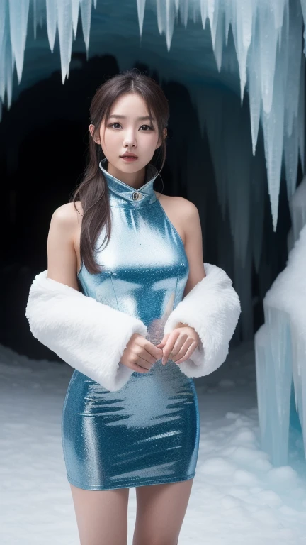1girl, very tight blue metallic dress, flowy long hair, smile, detailed face, glamorous body, breasts apart, outdoor, glittering dust, (full body:0.6), thaw, melting season, ice thawing, dazzling light, weak water flow, sunlight, 4k,