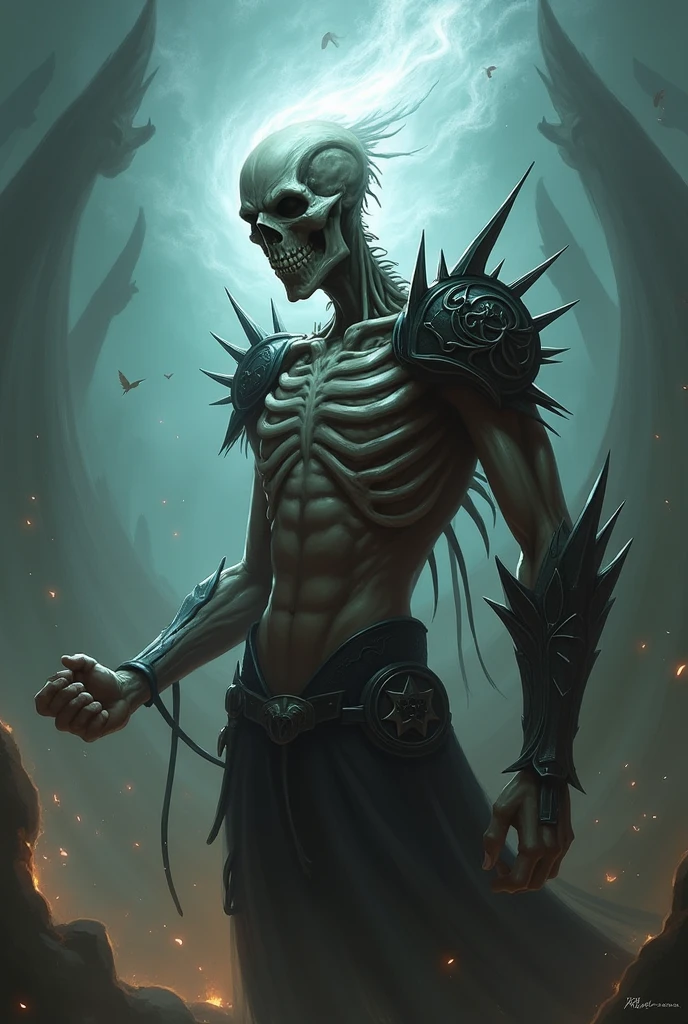 undead zombie male, arm rotting flesh, light facal hair, tan hair, worn leather pants, metal chest plate, long wodden staff, metal shield, on top of head large round welding goggles.