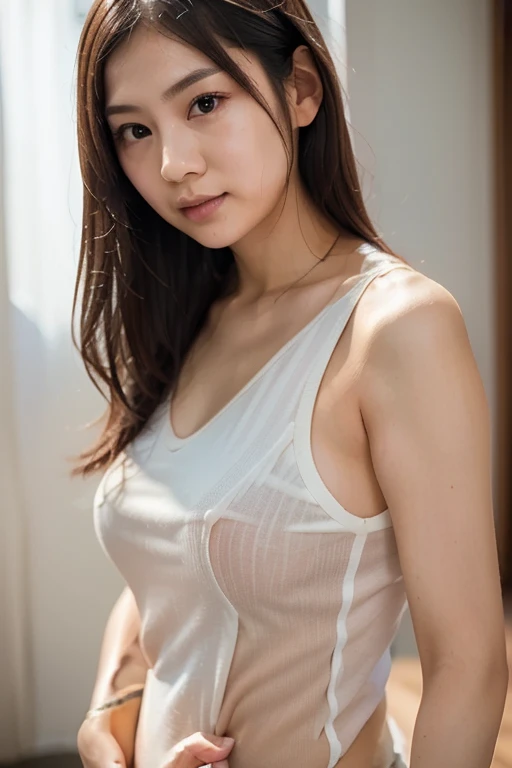 ((camisole white: 1.5)), photogravure sexy pose, (Masterpiece:1.3), (8K, Photorealistic, Raw photography, Best Quality:1.4), (1girl), Beautiful face, Realistic face, (Detailed face), Beautiful hairstyle, (Detailed hair), Realistic eyes, (Detailed eyes), Beautiful details, Realistic skin, (Detailed skin), Beautiful skin, Attractive, Ultra high definition, A hyper-realistic, Very detailed, (big breasts:0.5), Japanese beauty, (slim figure), gentle, brown hair, (super model figure), cute young Japanese girl, pretty young Japanese girl, (simple gray background), Big breasts :1.2, Enhanced cleavage, bashful, ((wide shot)), ((full body: 1.3)), ((camisole white: 1.5)), ((panty: 1.5)), ((from above: 1.5)), ((from above: 1.5))