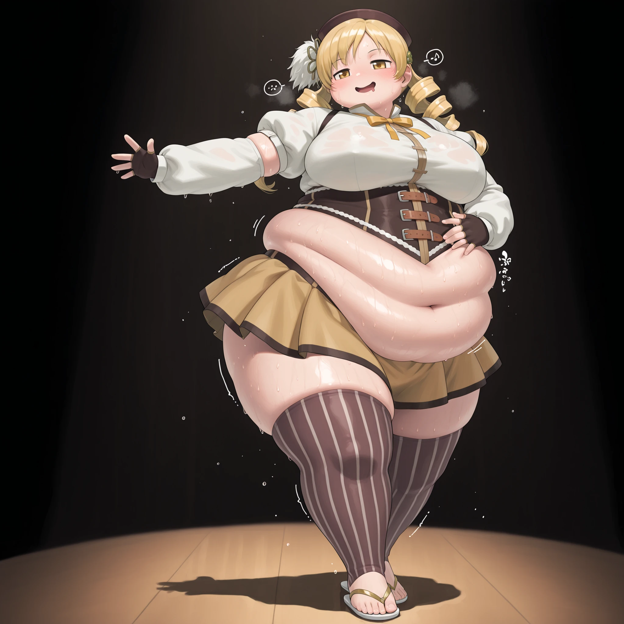 magical girl, brown hat, beret, corset, detached sleeves, puffy sleeves, gloves, ribbon, bow, bowtie, yellow ribbon, miniskirt, pleated skirt, yellow skirt, zettai ryouiki, vertical-striped clothes, vertical-striped thighhighs, brown thighhighs, ,tomoe mami, yellow eyes, drill hair, twin drills, twintails, long hair, very long hair, blonde hair, hair ornament, breasts, large breasts, , chubby cheeks,masterpiece, best quality, 1girl solo on the stage, , wet body, sweating \Dancer\\vulgarity\,stage,spot light,dark, fat, chubby, obese, gigantic arms and legs, large breasts open mouth, out of breath, ,shy smile , one big thinking bubble above the head,, thinking about pizza or hamburger,,, drooling, 1990s (style) fat face, dancing, flip flops, trembling, one hand on belly, five toes, five fingers,dancing,
