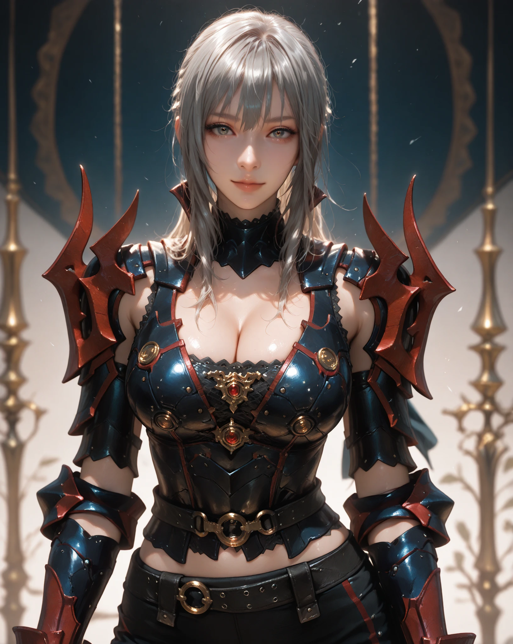 beautiful woman with short white hair, orange inferno eyes, wolf ears and a braided ponytail. She is wearing a revealing, sexy, fantasy knight armor with legplates. Her body is muscular and she is incredibly sexy. Her eyes are orange. She has strong, muscular arms and thick thighs. Wide hips.
