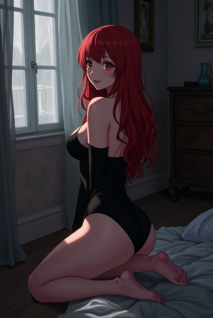 tmasterpiece,top-quality, k hd, Ray traching, the detail, Complex, one-girl, underdressing, black colored leggings, A sole, Sam, the feet, pantiess, Alone, view the viewer, Looking, the feet趾, white bra, White pantiess, Tong, Fluttering, underdressing Only, from back, from back, Indoors, sitted, on top of the bed,redheadwear, long braid, gold eyes