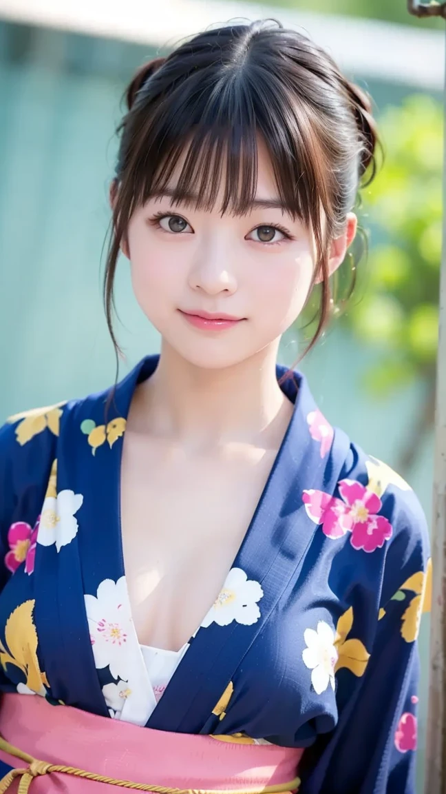 masterpiece, highest quality, (Beautiful woman:1.3), (24-years-old:1.3), Very fine grain definition, (Symmetrical eyes:1.3), (Upper Body:1.2), (Hemp leaf pattern yukata:1.3), Brown eyes, Parted bangs, Brown Hair, Delicate girl, (Eye and facial details:1.0), (RAW Photos, Professional Lighting, Film Grain, chromatic aberration)、(cleavage、double bun、strap slip 、embarrassed、sad smile)、On the futon in a Japanese inn、Beautiful clavicle、Selfie、Put your hands up