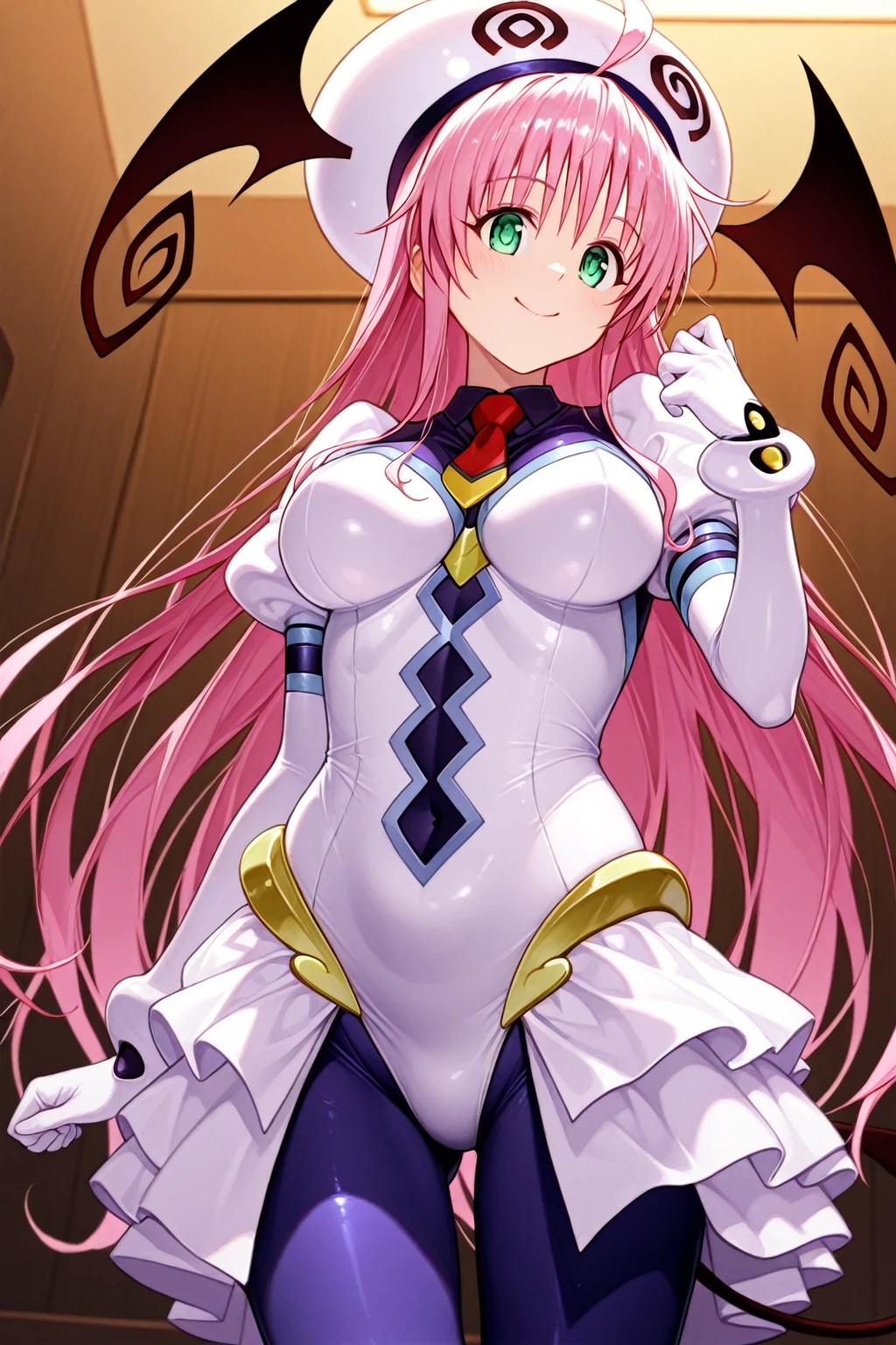 masterpiece, best quality, highres, aalala, long hair, hat, white headwear, head wings, green eyes, breasts, red necktie, white bodysuit, white leotard, puffy sleeves, white gloves, showgirl skirt, blue pantyhose, <lora:lala_satalin_deviluke_v1:0.7>, standing, cowboy shot, outdoors, smile, open mouth,