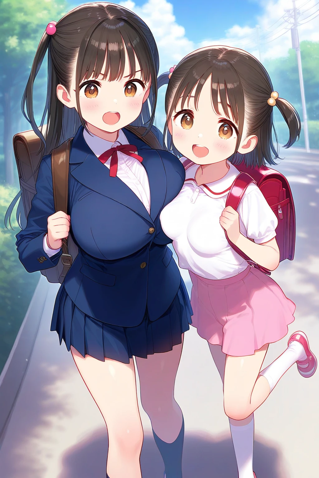 masterpiece, Highest quality, Nico_Yazawa,High resolution, 1 Girl, alone, Brown Hair, short hair, Twin tails、Purple eyes, Cowboy Shot,, (Cleavage)、(Beautiful thighs)、city, Outdoor, garden, Carrying a red backpack, (randoseru backpack:1.2) Sweaty、Thick thighs、Highest quality、4K、1girl, 8years old, loli, cute, grin, 、、In the city、Lots of spectators、、Thick thighen holding their penises and surrounding girls、Semen from the penis、Bukkake、Bukkake、(Bukkake)Mesgaquismiles、low length