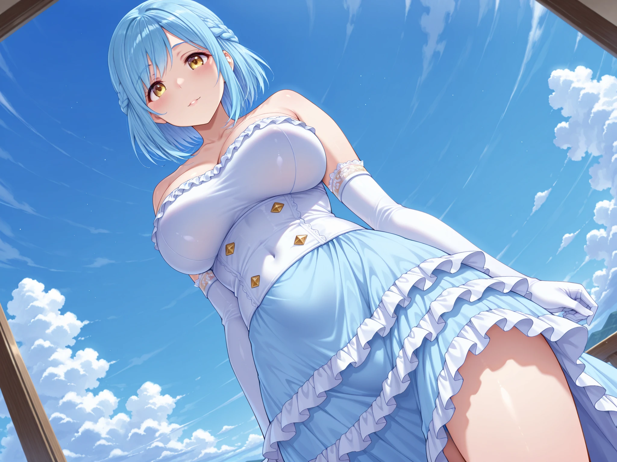a cute girl beautiful attraction big chest blue hair Caribbean short round wearing shell hair her bright blue eye she dresses in a white shirt yellow lace thread collar and her long blue skirt sea shape yellow heel