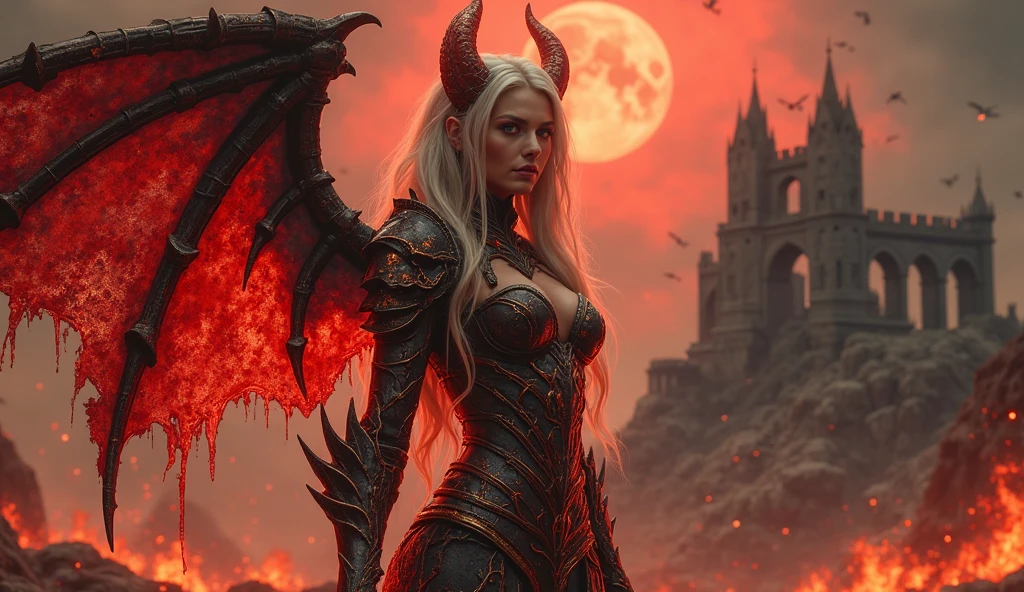 In this masterpiece, a stunning (sexy demoness warrior girl) stands at the center of the frame, radiating an aura of mystique and beauty. The ultra-detailed 4K image presents her in front of the huge (gates of hell:1.3) (with a vortex of black mana:1.3), surrounded by the fiery (crater of an erupting volcano). The volumetric lighting casts a warm glow on her porcelain skin, accentuating the intricate details of her (sexy demonic armor). Her straight blonde hair are beautiful, framing her charming smile and captivating cleavage. The spellbinding atmosphere is punctuated by (thunderstorms and flashes of red lightning) in the surreal dark sky, as if the very heavens are conjuring her presence. The composition masterfully balances depth and complexity, drawing the viewer's gaze to the perfect body, with its flawless anatomy and tantalizing pose. (French girl:1.3), (Charming smile), (beautiful big tits), (small black horns), (black Armor), She has (2 large wings:1.5) on her upper back. (2 high black wings:1.3). (2 high symmetrical wings:1.3). (Darkness). (Lava Armor, Armor of lava, stripped armor:1.3). (Wallpaper), (4K), (Photorealistic), (Dark thème)