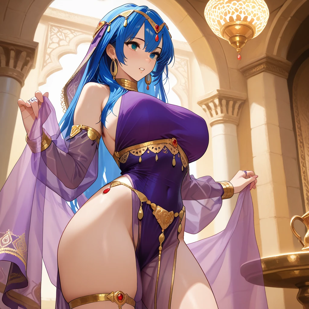 (masterpiece), best quality, expressive eyes, perfect face,Mature female,1 girl (ganyu,Genshin impact),(belly dancer outfit,exposed midriff,topless),royal bedroom background,medium breasts,smile,topless,nipple,slim figure,