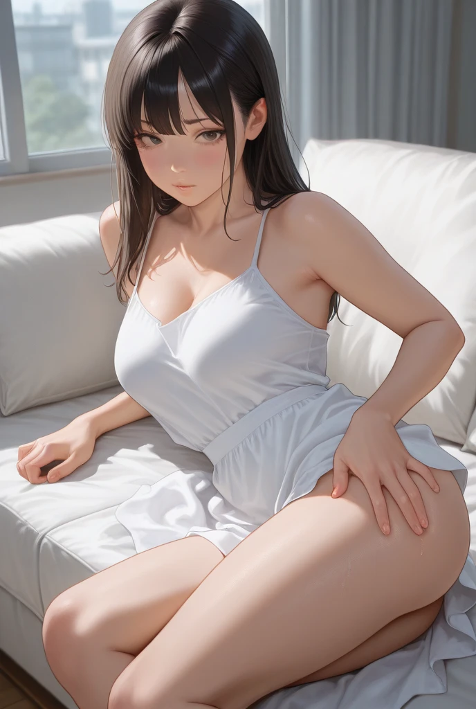 highest quality、4K quality、men and women、 sits backwards on man、A man places his hand on a woman's chest、The woman has bare legs、The woman's crotch is wet、Having sex