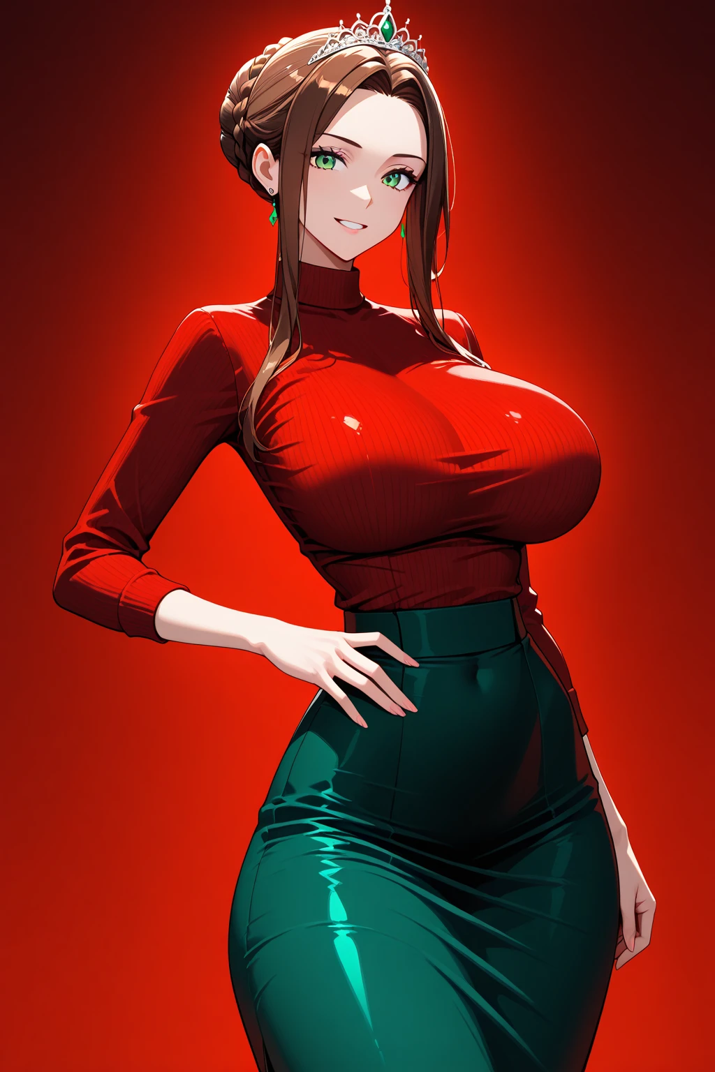 JessicaWaifu, Massive , elbow gloves, green eyes), Massive and Deep cleavage, red lips, (strapless dress) (red hair) (red dress), ((She has a mature figure, her cleavage is Massive and Deep)) b