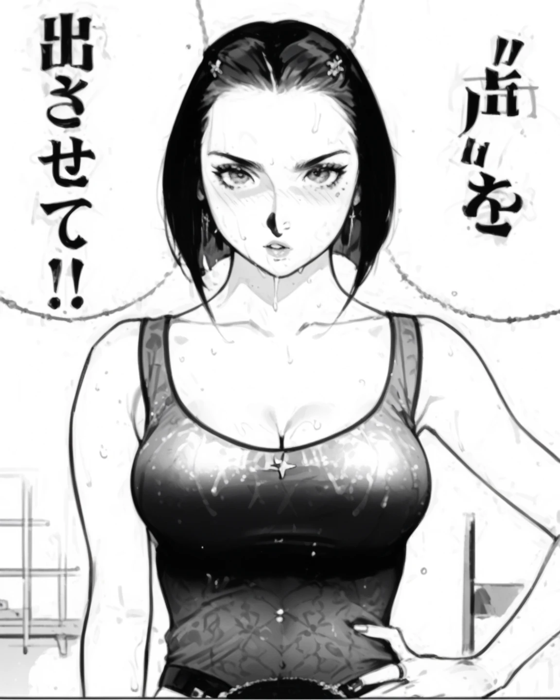 score_9, score_8_up, score_7_up, score_6_up, score_5_up, score_4_up, BREAK, source_anime, anime screencap, anime coloring, 1girl, stiff-looking beautiful female teacher, solo, perfect anatomy, black hair, medium bob hair, asymmetric bangs, (forehead:0.5), brown eyes, hair behind ear, earrings, glasses, serious, looking at viewer, sweat, (skintight, very tight sleeveless gym uniform, white shirt, shirt-in, under sized micro blue buruma, zettai ryouiki white thighhighs), sagging huge_breasts, tarechichi, erect nipples, thigh gap, indoor, gym, hand on hip, standing, skinny, (unshaven hairy natural public hair:1.2), unshaven hairy natural armpit hair
