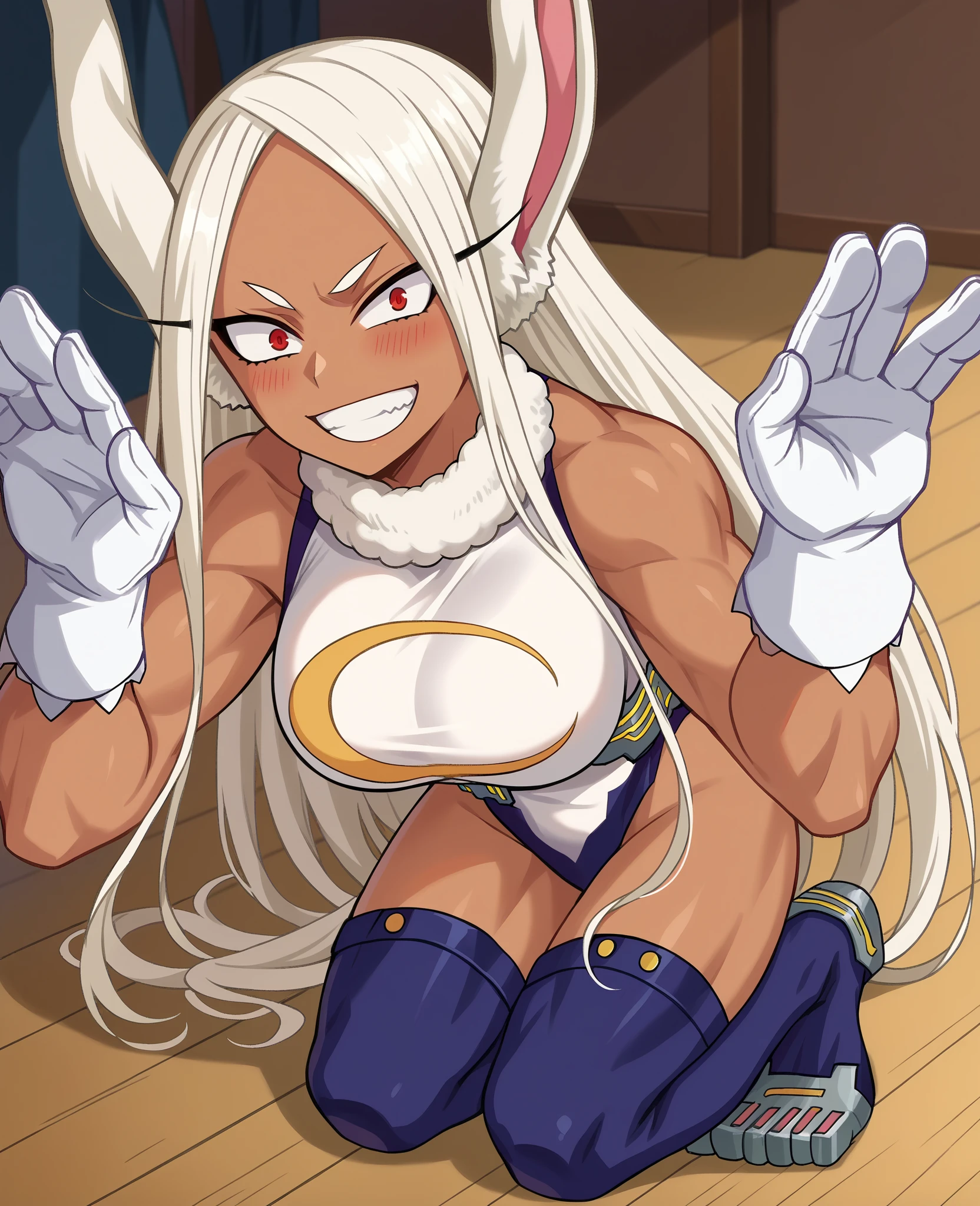 scan, (extremely detailed CG unity 8k wallpaper:1.1), highres,  ambient light,  shrunken, in jam jar, cork, sealed, (1girl), mirkomha, boku no hero academia, ((dark skin:1.5)), red eyes, white gloves, highleg leotard, white hair, long hair, large breasts, fur collar, purple thighhighs, white leotard, rabbit ears, smirk, city, night