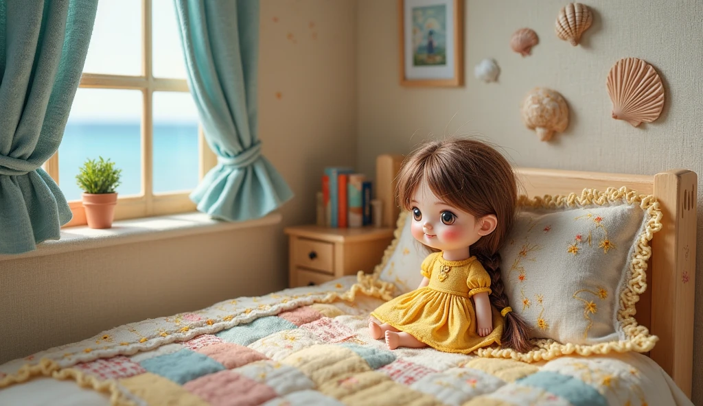 7 year old girl with yellow sweatshirt, dark brown hair, happy smiling, waking up in bed, scenery with bed children's room