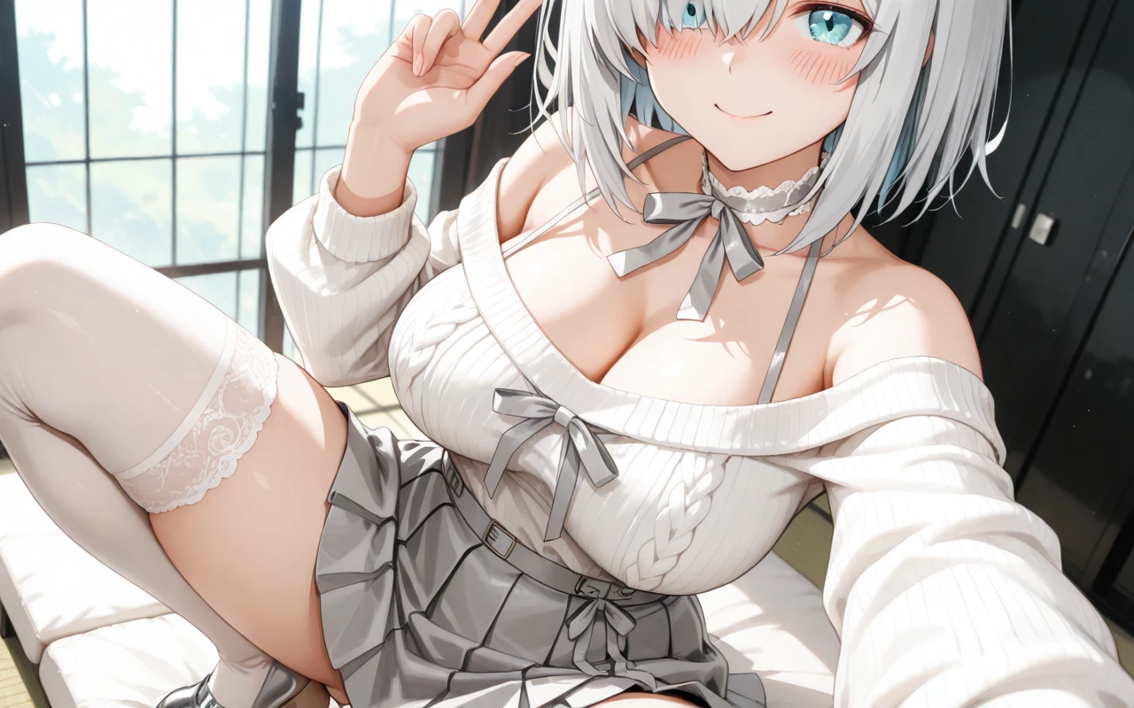 table top High level image quality best image quality 8K adult lady(I) portrait white long gloves white stockings((blanche)) white lingerie(Tube top) wolf ears short hair((shortcut)(gray hair)(perm)(fluffy)) eye color is blue laughter With background(Bedroom) spread legs bent forward