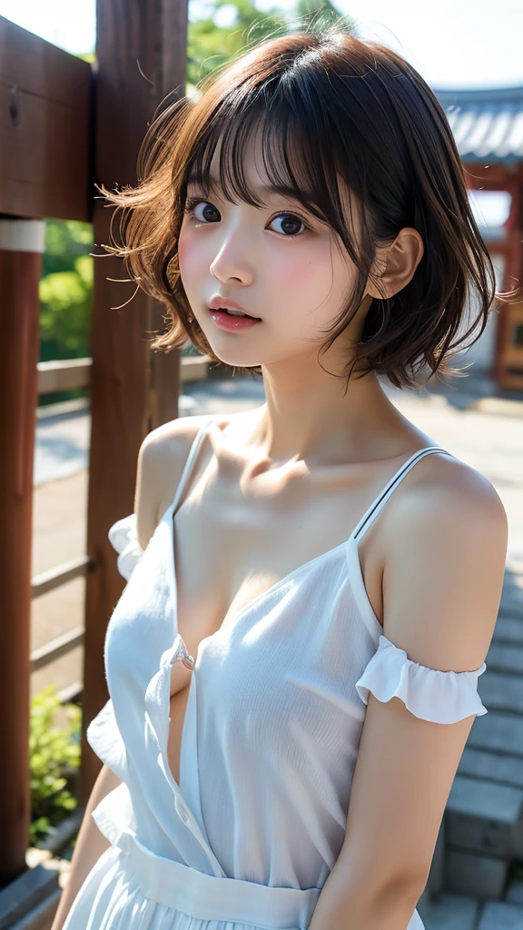 highest quality、 Very detailedな、High resolution、8K Wallpaper、Perfect dynamic composition,、Fine and beautiful eyes、Natural color lip、sexy shot looking at camera、(highest quality: 1.3), (masterpiece: 1.3), (Very detailed: 1.3)、(Delicate hands and fingers:1.2)、slouch、((Japanese Idols))、very cute、bangs、short hair、White dress、10 years old、((Small breasts:1.3))、Alley
