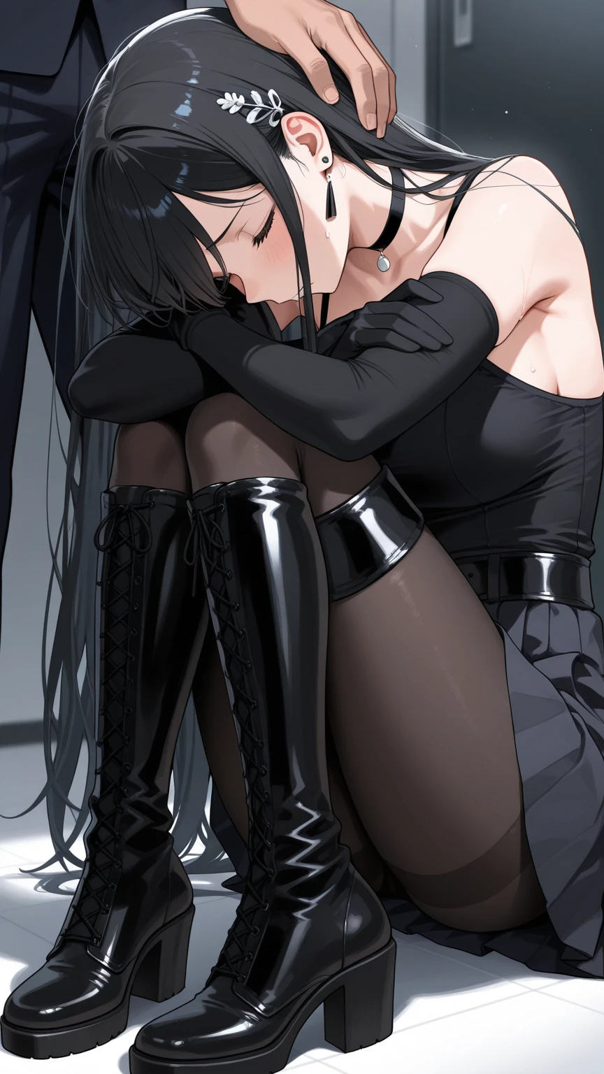 Masterpiece, Beautiful art, professional artist, 8k, art style by sciamano240, Very detailed face, Detailed clothing, detailed fabric, 1 girl, view from behind, doggy position, on all fours, showing the ass, perfect ass, perfectly drawn body, beautiful face, long black fur, Blue eyes, very detailed eyes, pink cheeks, shy expression, choker:1.6, (white long sleeve button down shirt with white collar), black gloves, gloves that cover hands, (black leather corset), (shiny black leggings), Black leather boots, Sensual Lips , evening de invierno, show details in the eyes, Dark road, dark forest, evening, Atmosphere, fog