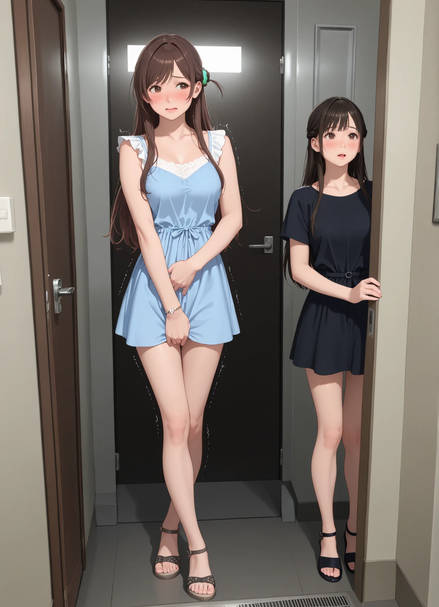 (high-definition image), ((2 women:1.5)), 21 year old woman, (((Blushing cheeks、embarassed expression)), open chest, very long legs, of sweat, The legs are small and slender, (short white dress), (not wearing underwear), (No underwear), camisole, (((skirt lift, No panties, genitals visible))), Sweating around girls, Dripping sweat, (I put my elbows on my knees), (There is a lot of pubic hair), (full body picture), (crowd), ((masturbate)), large factory.