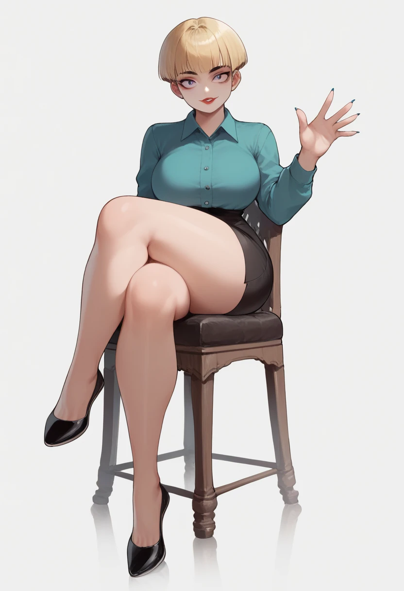 score_9, score_8_up, score_7_up, score_6_up, 1girl, gorgeous girl , Sadayo Kawakami , Kawakami from Persona, cute face, cute girl, short curly hair, blushing, choker , small breast, pencil skirt, glasses, crossed legs, sitting chair, high heels, white shirt,cleavage, (slim fit), low height, petite body, small hips, sexy legs , sexy , sexy thighs , sitting, posing , dynamic view, boob focus , pinterest, wallpaper art , artstyle, 2d_drawing_style, BREAK