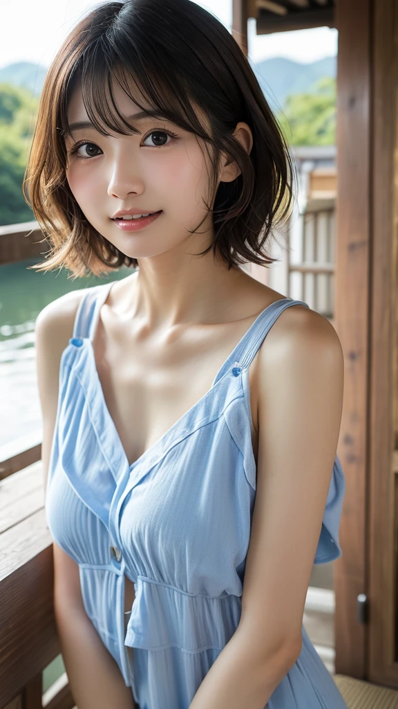 laughter:1.5、I can see her small white panties:1.5,Brown hair short cut with side waves:1.5,casual sneaker wear:1.5,squatting down:1.5,I'm sitting in a chair,